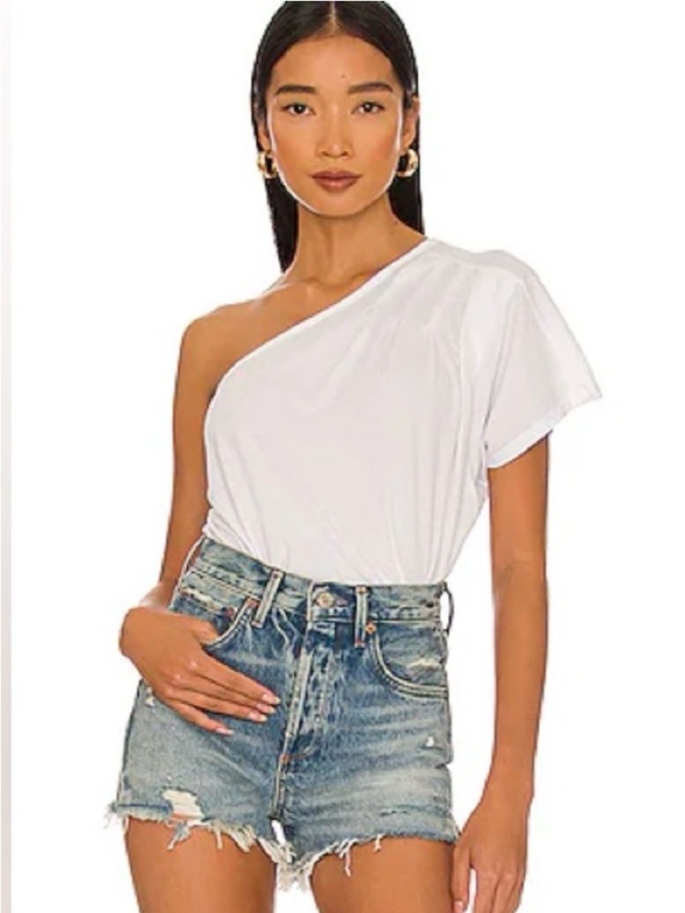 Bobi Los Angeles White One-Shoulder Short Sleeve Tee, Size L